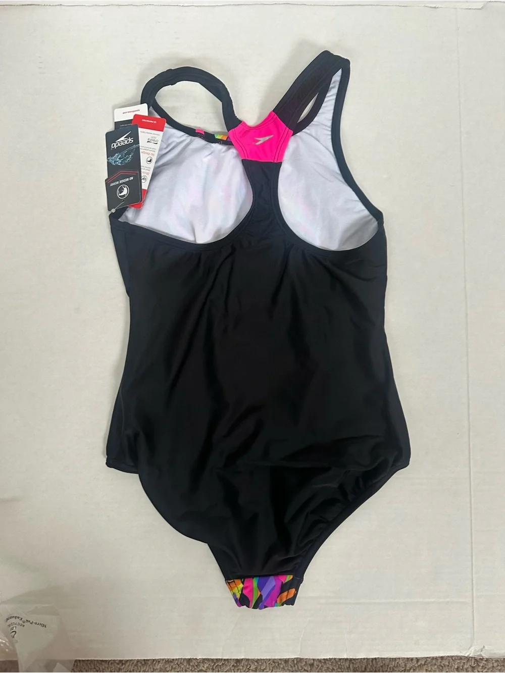 Speedo Black One-Piece with Bright Multi-Color Abstract Front